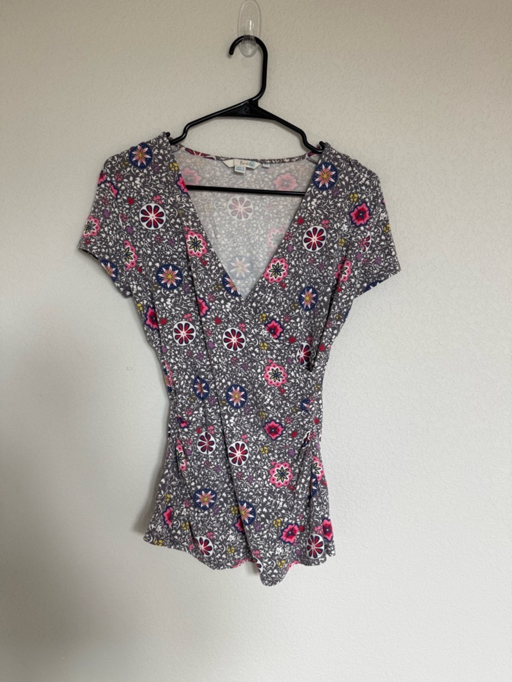 Boden Women’s Faux Wrap Ruched Grey Multicolor Floral‎ Medallion Print V-neck 6